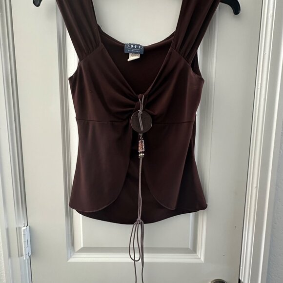 Brown Sleeveless Ruched Detail Top With Beaded Tie Accent By I.D.F.Y Medium - Picture 4 of 7